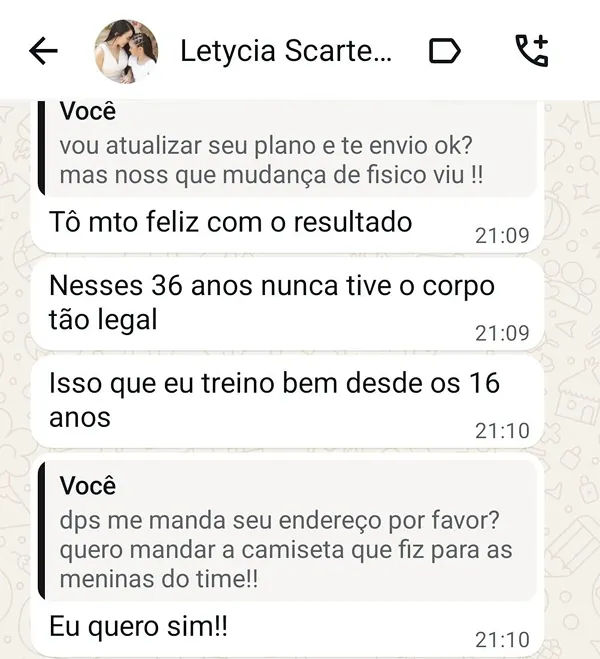 Message from Letycia S. (in Portuguese)